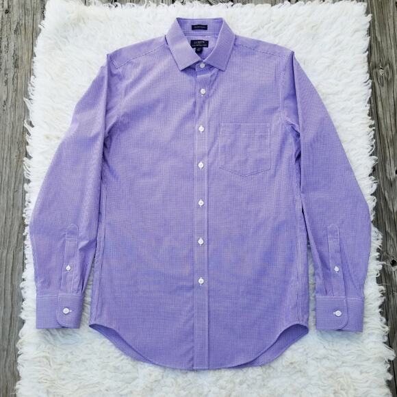 Purple Gingham Dress Shirt Wrinkle Free J Crew Factory Thompson Size S Stretch - Picture 9 of 9